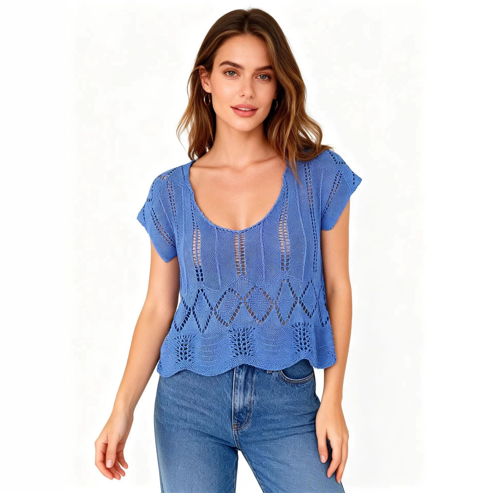 ZARA Summer Blue Hollow Knit Short Sleeve Crop Top for Women Y2K Style